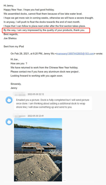 Testimonial by floating pier with deck customer